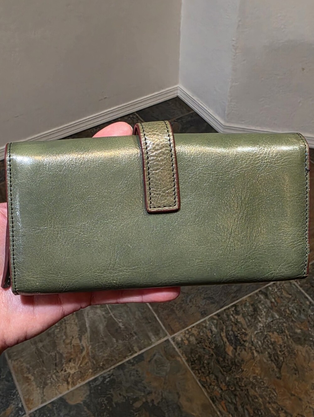Vintage Olive Green Genuine Leather Continental Accordion Long Wallet